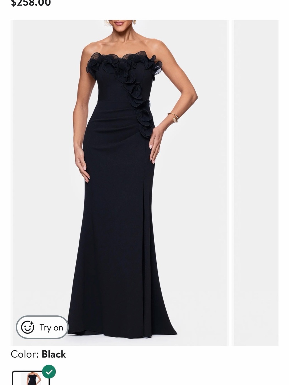 Xscape Strapless Black Ruffle-Detail Evening Gown